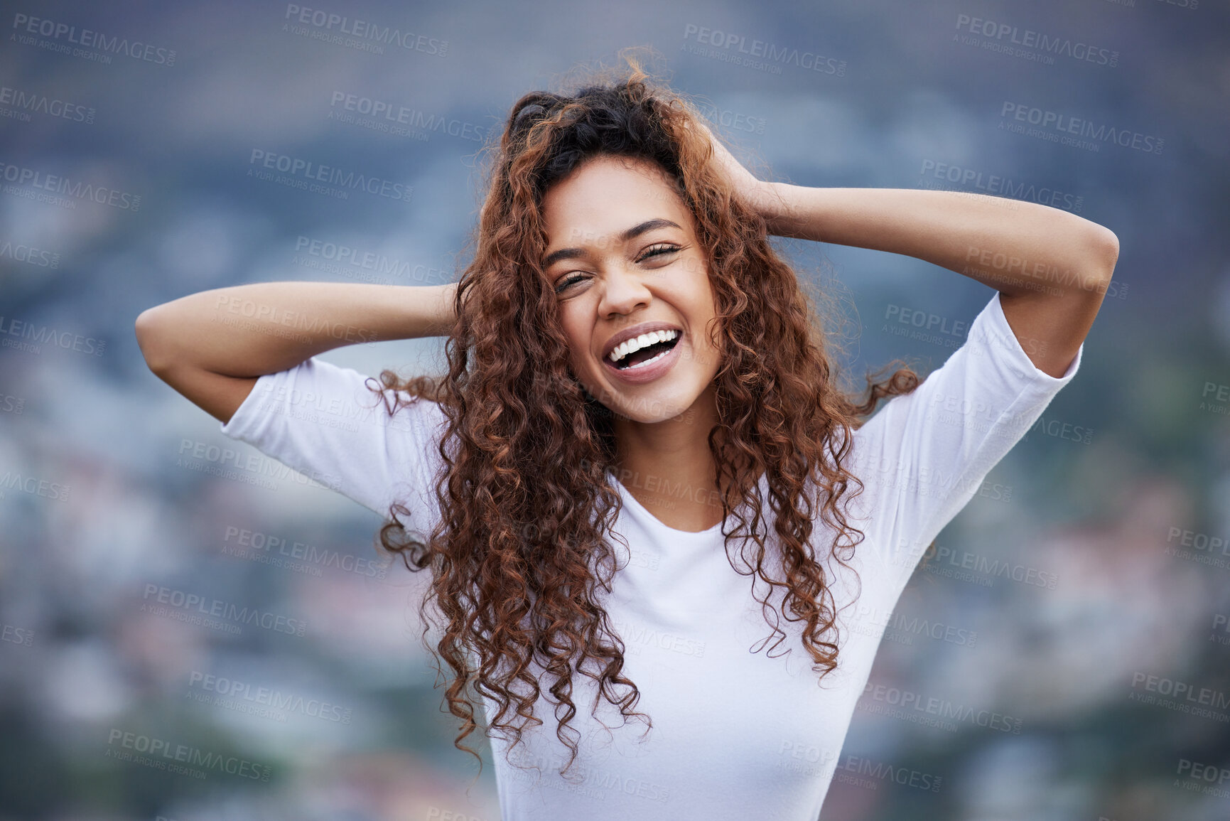 Buy stock photo Fitness, portrait and happy girl in nature for hiking, adventure and travel experience with morning cardio. Smile, exercise and hands in hair of gen woman outdoor for wellness, break and self love