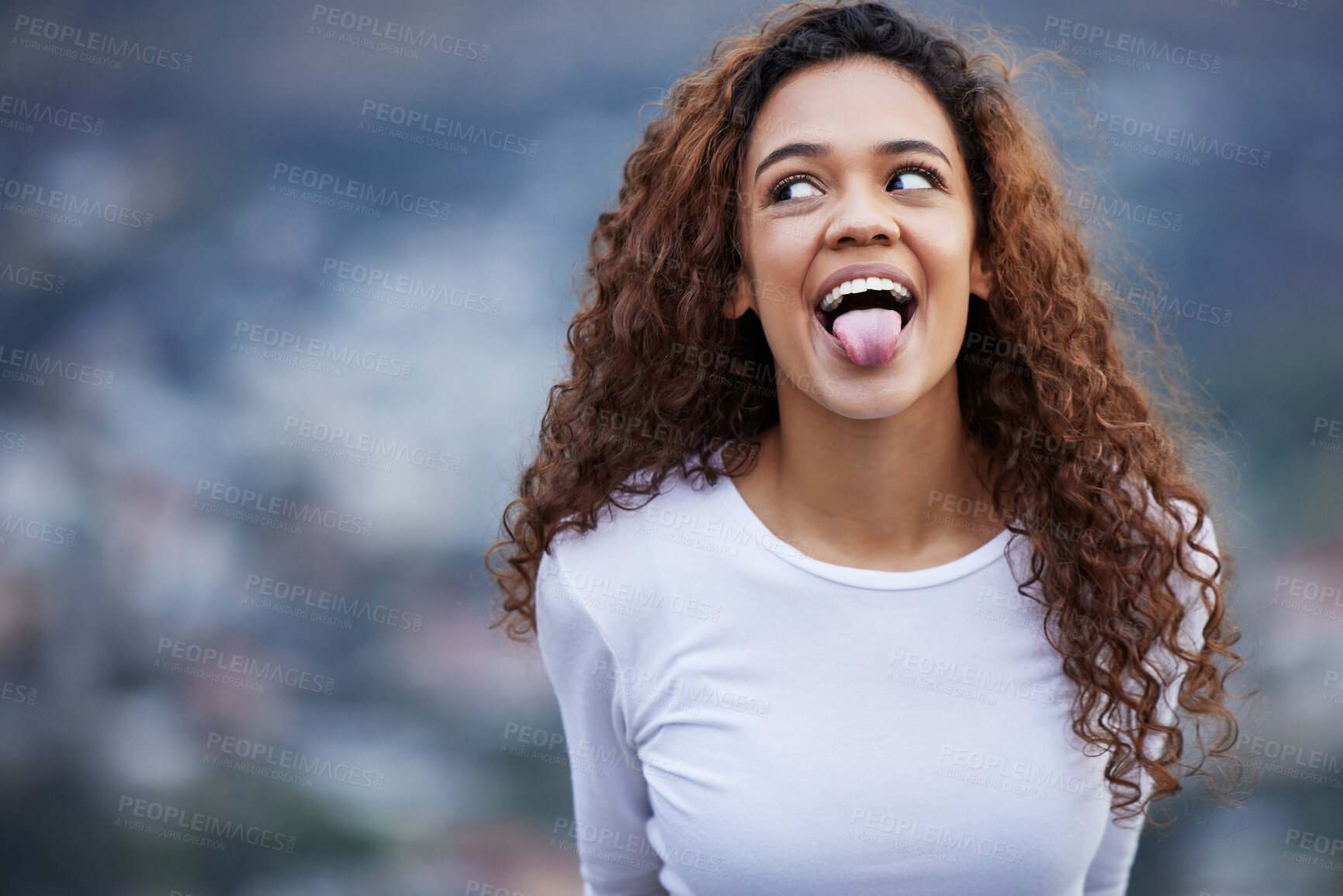 Buy stock photo Tongue out, funny face and fitness woman in nature for training, exercise or morning cardio break. Silly, moody and gen z runner outdoor with comic expression, fun or quirky personality for workout