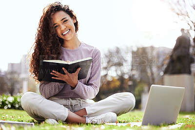 Buy stock photo Woman on lawn, laptop and notebook, college student on campus and studying course material and education. Happy female person in outdoor portrait, learn and study online notes on pc with scholarship