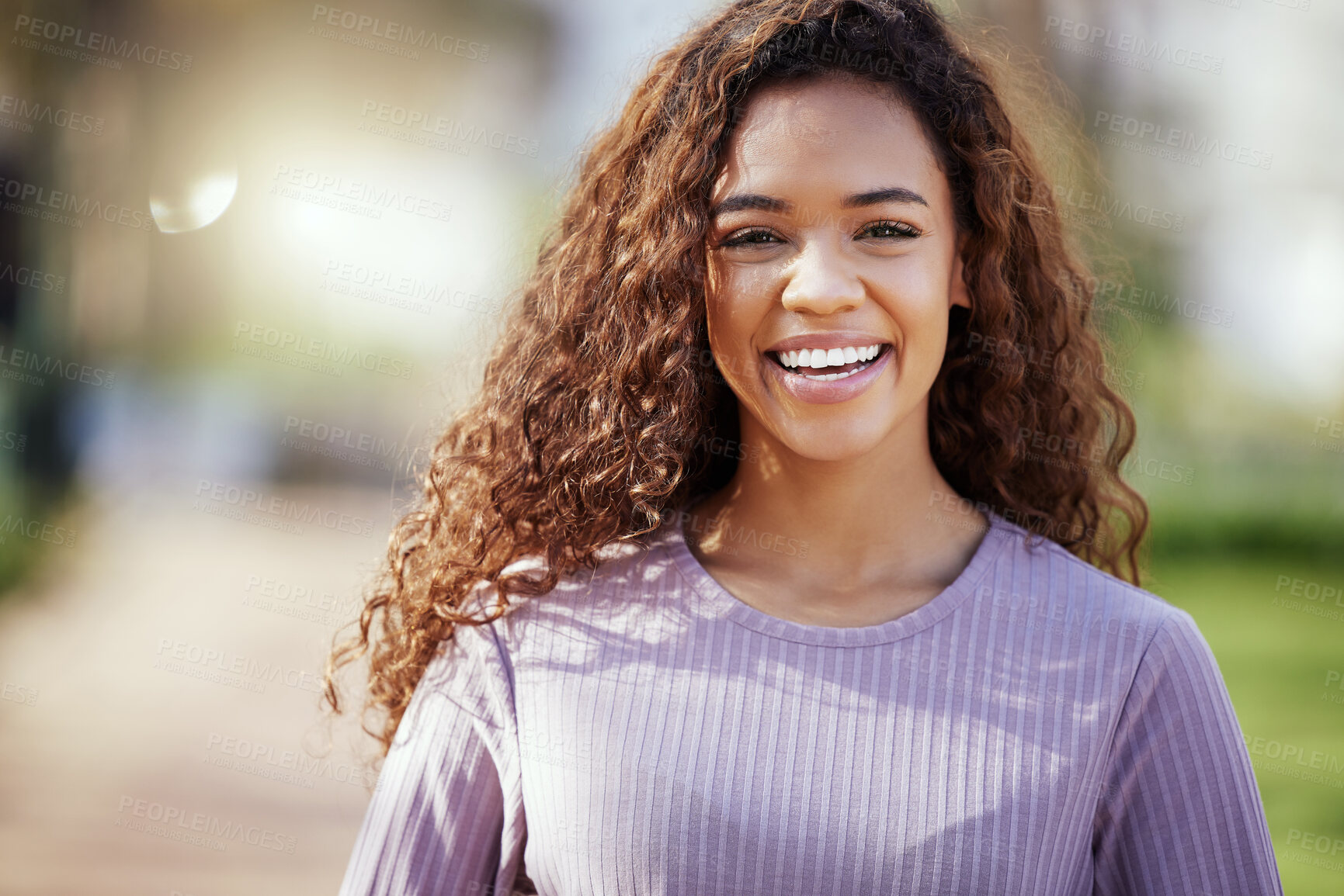 Buy stock photo University, happy and portrait of woman in park on campus for learning, education and knowledge outdoors. Smile, college and face of confident female student on school, academy and studying in nature