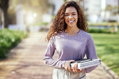 Buy stock photo Portrait, woman with books and student in campus garden, university and education with learning material for studying. Female person outdoor, academic scholarship and mockup space and college course