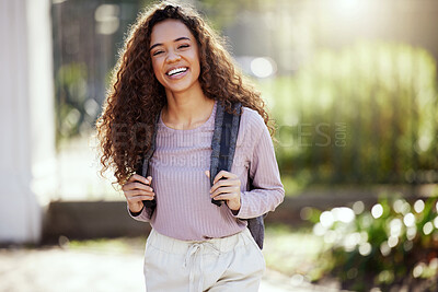 Buy stock photo Portrait, happy woman with backpack and student in campus garden, university and education with studying. Excited female person outdoor, academic scholarship and mockup space and college course