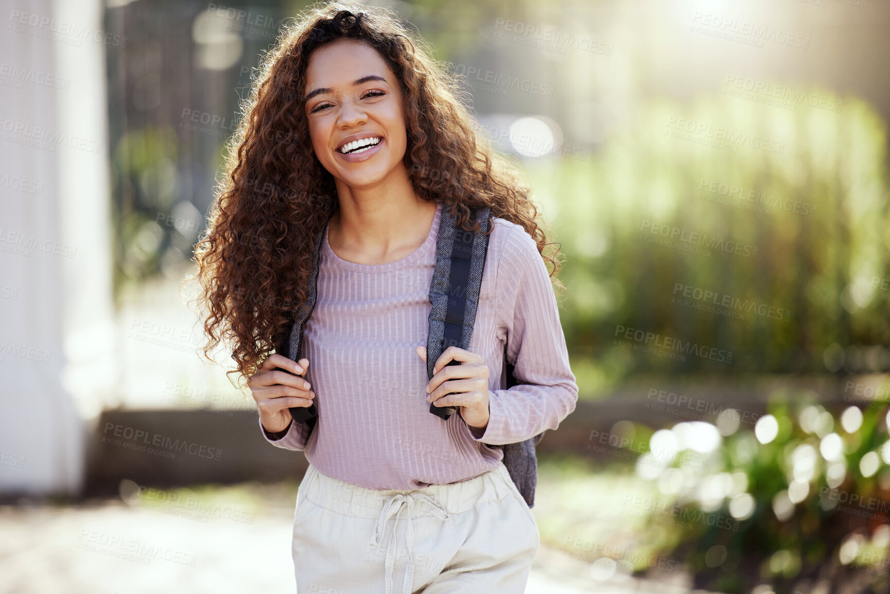 Buy stock photo Portrait, happy woman with backpack and student in campus garden, university and education with studying. Excited female person outdoor, academic scholarship and mockup space and college course