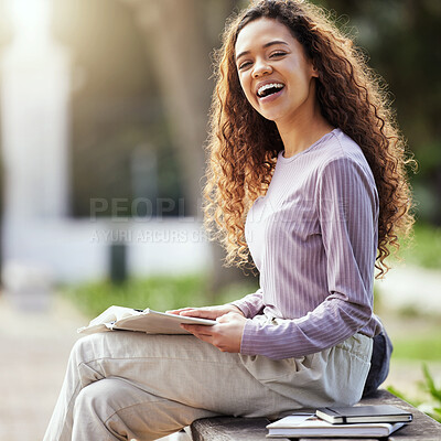 Buy stock photo Happy woman, books and education with student on campus, learning with scholarship at university and outdoor. Female person in portrait with smile, college course material and textbook for studying