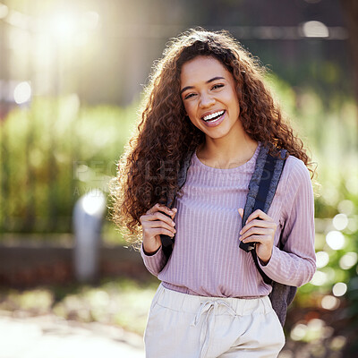 Buy stock photo Woman with smile, backpack and student in campus garden, university with education and happy studying. Excited female person in outdoor portrait, academic scholarship and mockup space and college