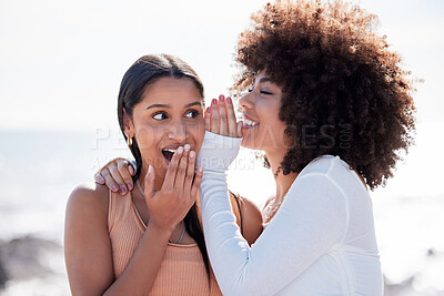 Buy stock photo Gossip, wow and girl friends with secret, beach and excited from news with listening outdoor. Summer, happy and young women with crazy surprise and shock from conversation together on holiday