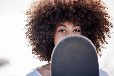 Buy stock photo Skateboard, woman and portrait outdoor on a promenade on spring break with fun from holiday. Afro, hobby and student on vacation with travel and activity ready for skating by the sea and sun