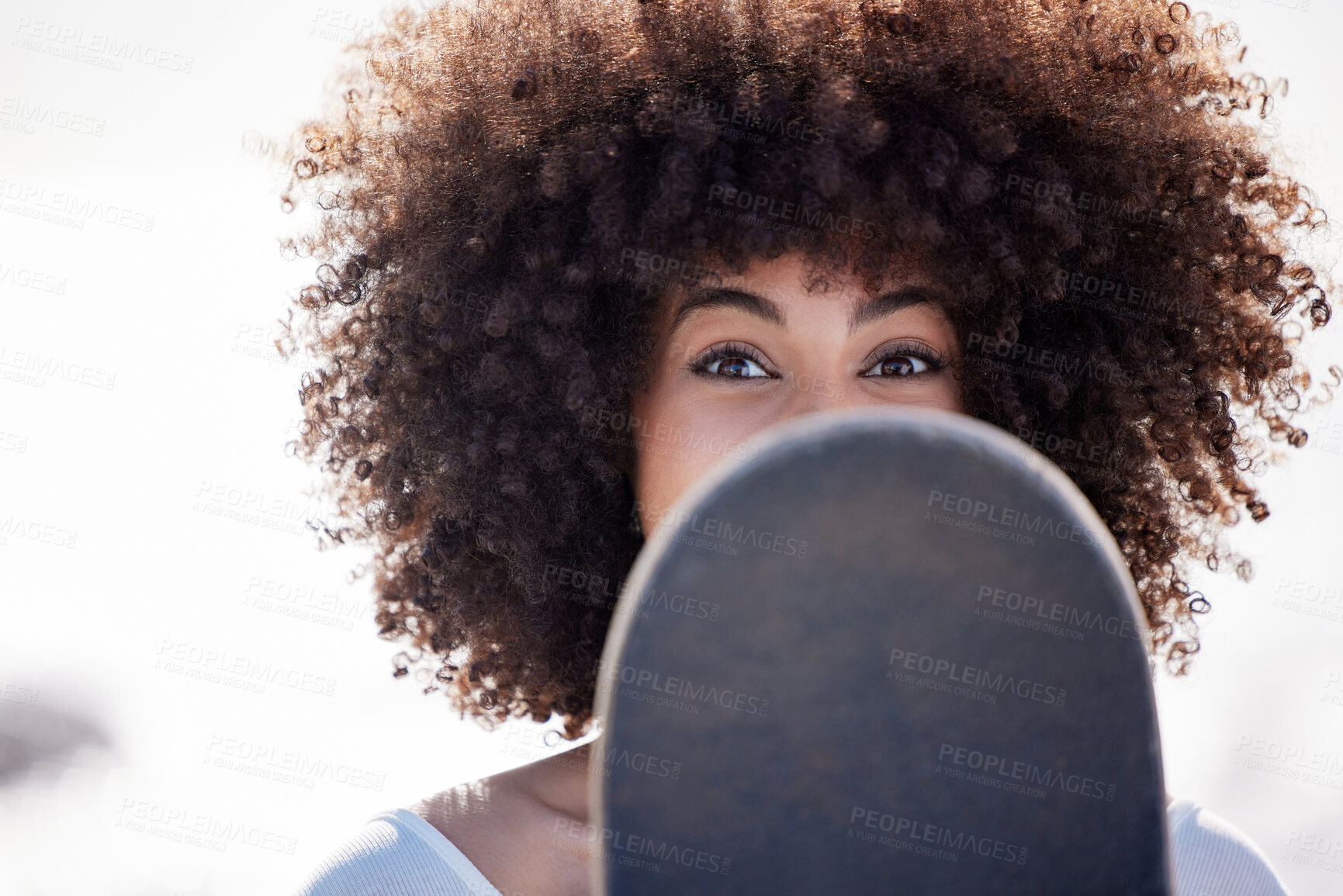 Buy stock photo Skateboard, woman and portrait outdoor on a promenade on spring break with fun from holiday. Afro, hobby and student on vacation with travel and activity ready for skating by the sea and sun