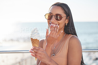 Buy stock photo Happy, ice cream and woman on vacation by the sea on promenade with student travel and spring break. Food, dessert and excited from holiday in Florida eating snack with sunglasses by ocean with fun