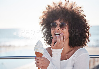 Buy stock photo Happy, ice cream and black woman by sea on a promenade with student travel and spring break. Food, dessert and excited from holiday in Florida eating a cold snack with sunglasses by ocean with fun