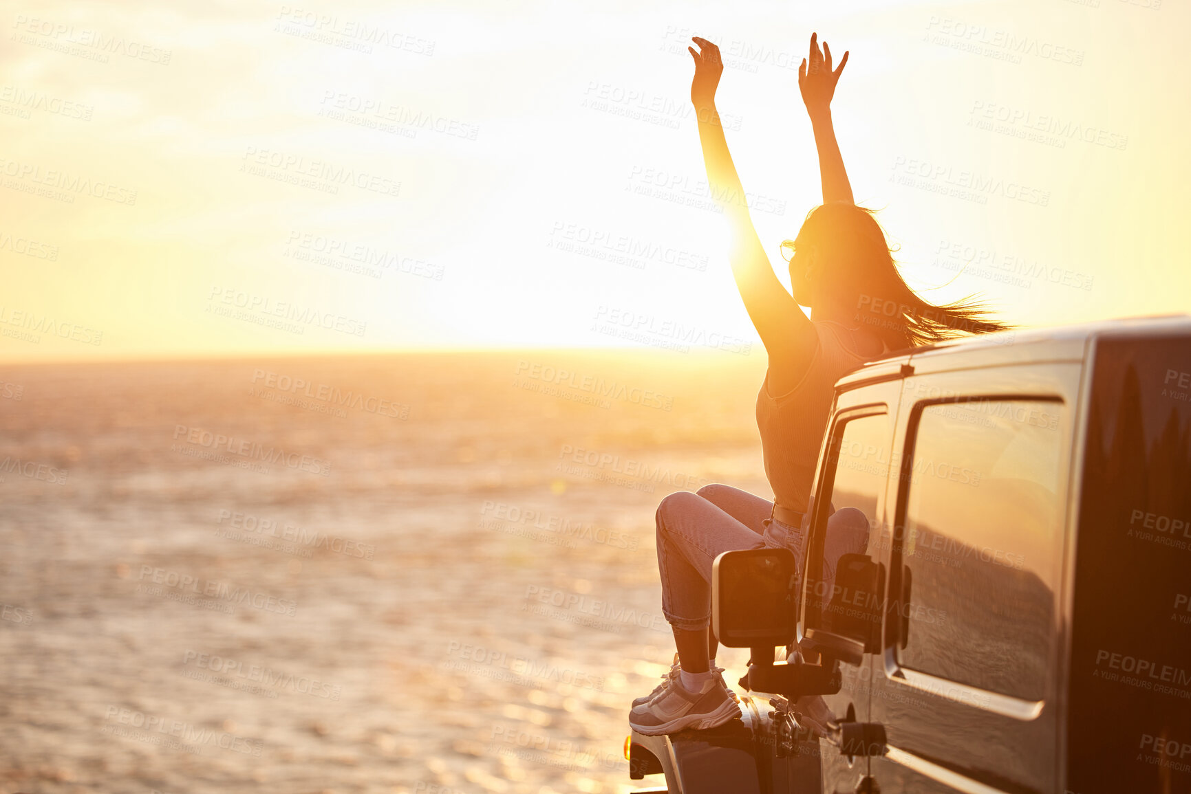 Buy stock photo Sunset, car and happy woman with freedom by the sea with road trip adventure and journey by the ocean. Back, travel and spring break with motor in Miami with holiday and vacation fun with mockup