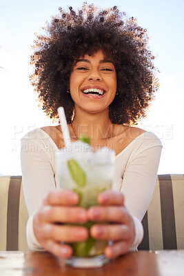 Buy stock photo Portrait of a beautiful young woman having a drink at a bra outside