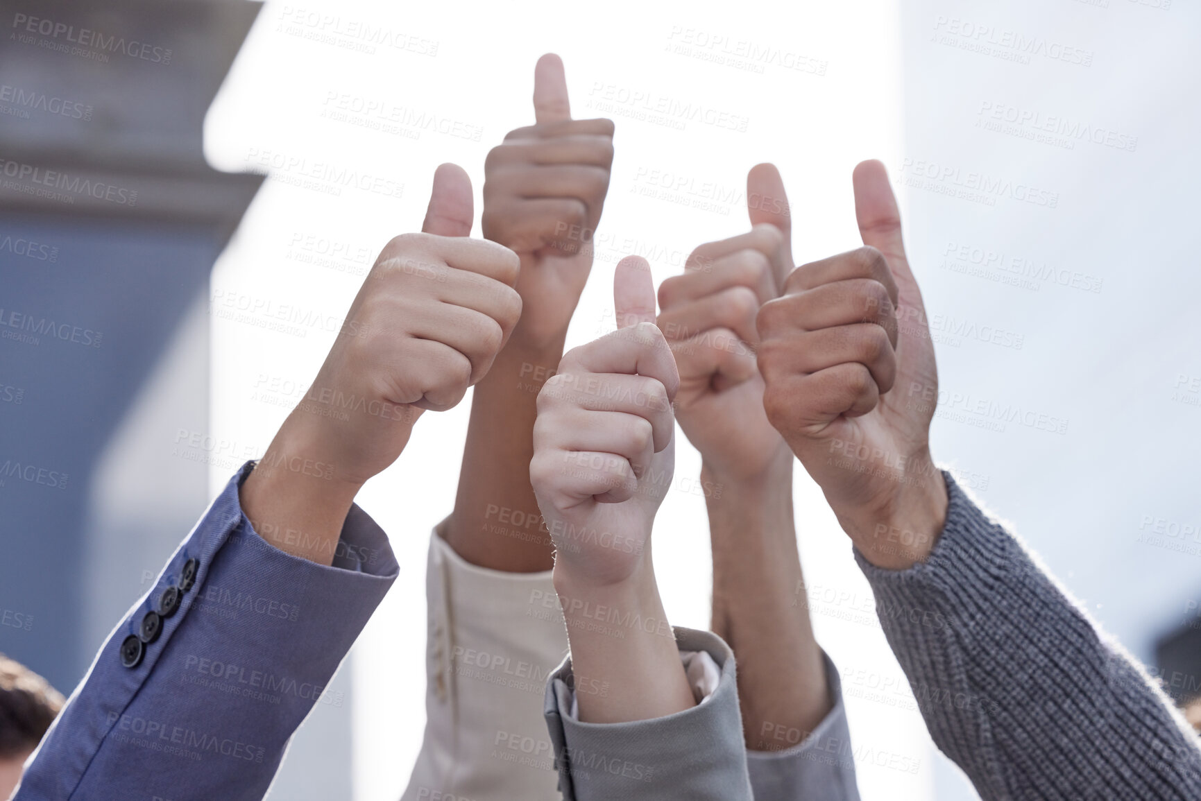 Buy stock photo Hands, teamwork and business people with thumbs up for agreement, support or collaboration in outdoor. Diversity, professional and group of employees for yes sign, success gesture or solidarity