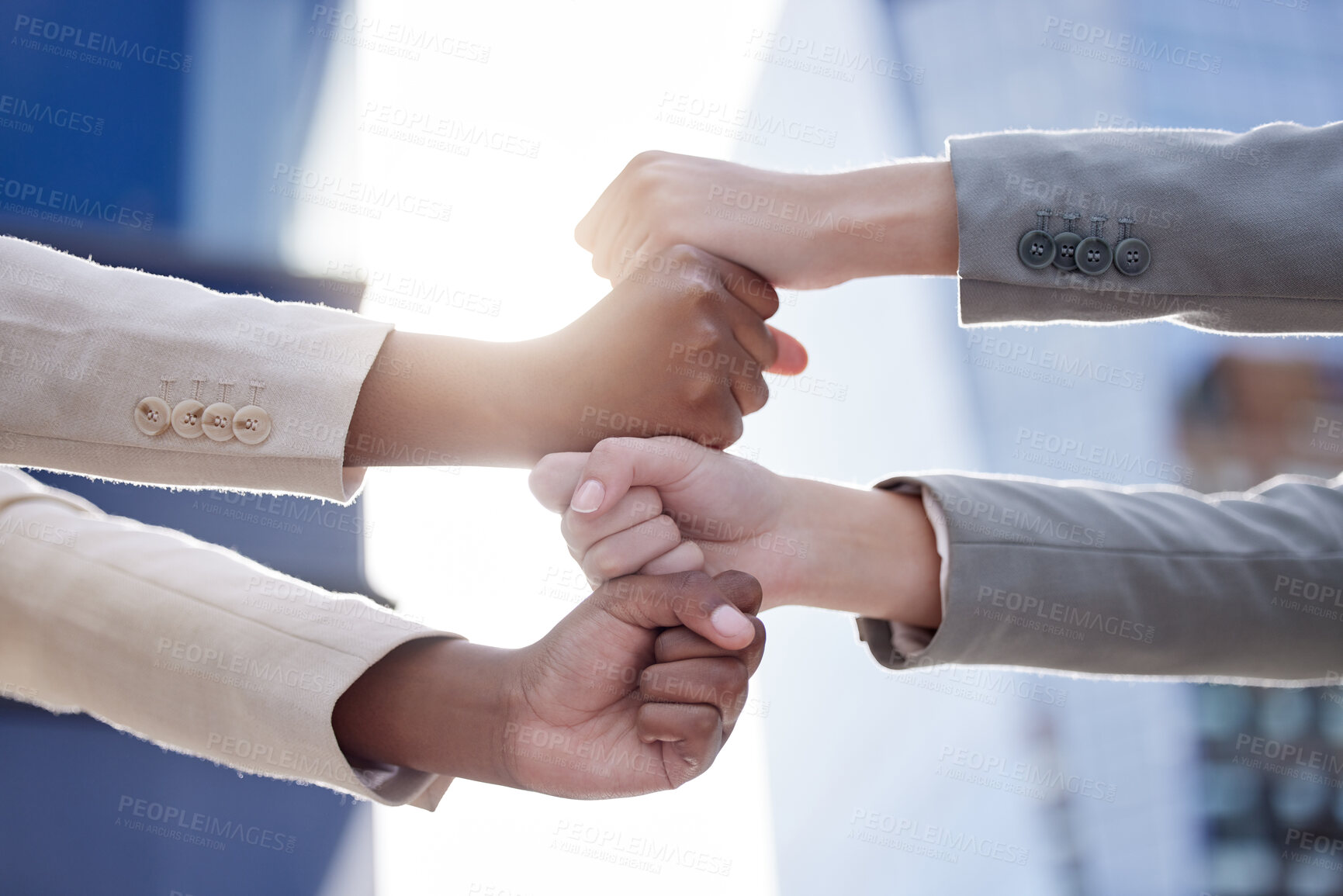 Buy stock photo Business, people hands and diversity with fist stack, collaboration and teamwork together for professional. Employees, trust and solidarity for workplace coworkers outside, goals and company mission
