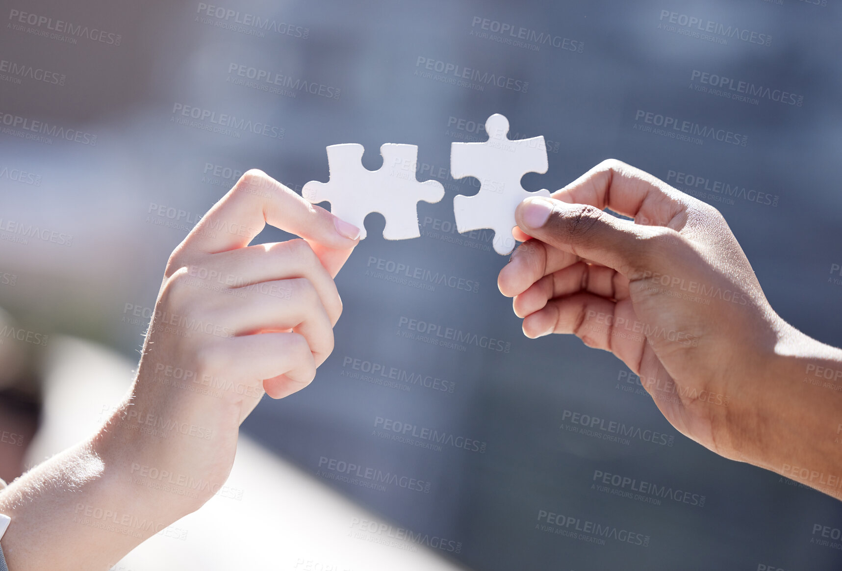 Buy stock photo Hands, business people and connect with puzzle for teamwork with company merger or support. Collaboration, partner and synergy for success with vision, unity and commitment in diverse workplace.