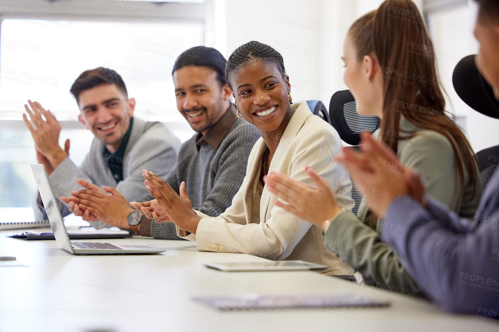 Buy stock photo Business people, meeting and smile with applause in office for company growth, support or motivation. Employees, happy and clapping hands in in workshop for performance review, success or achievement