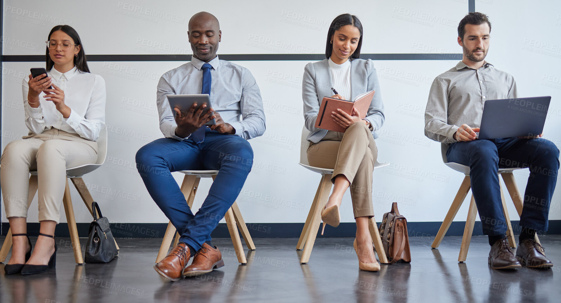 Buy stock photo Diversity, technology and business people in waiting room for recruiting, hiring process and career opportunity. Queue, networking and global group in lobby for interview, collaboration and laptop