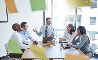 Buy stock photo Collaboration, meeting or workshop and team of business people in office boardroom with sticky notes on glass. Development, planning or seminar with man and woman employee group at work for training