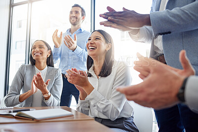 Buy stock photo Success, audience with an applause and in a business meeting at work with a lens flare together. Achievement or celebration, motivation and businesspeople clapping hands for good news or support