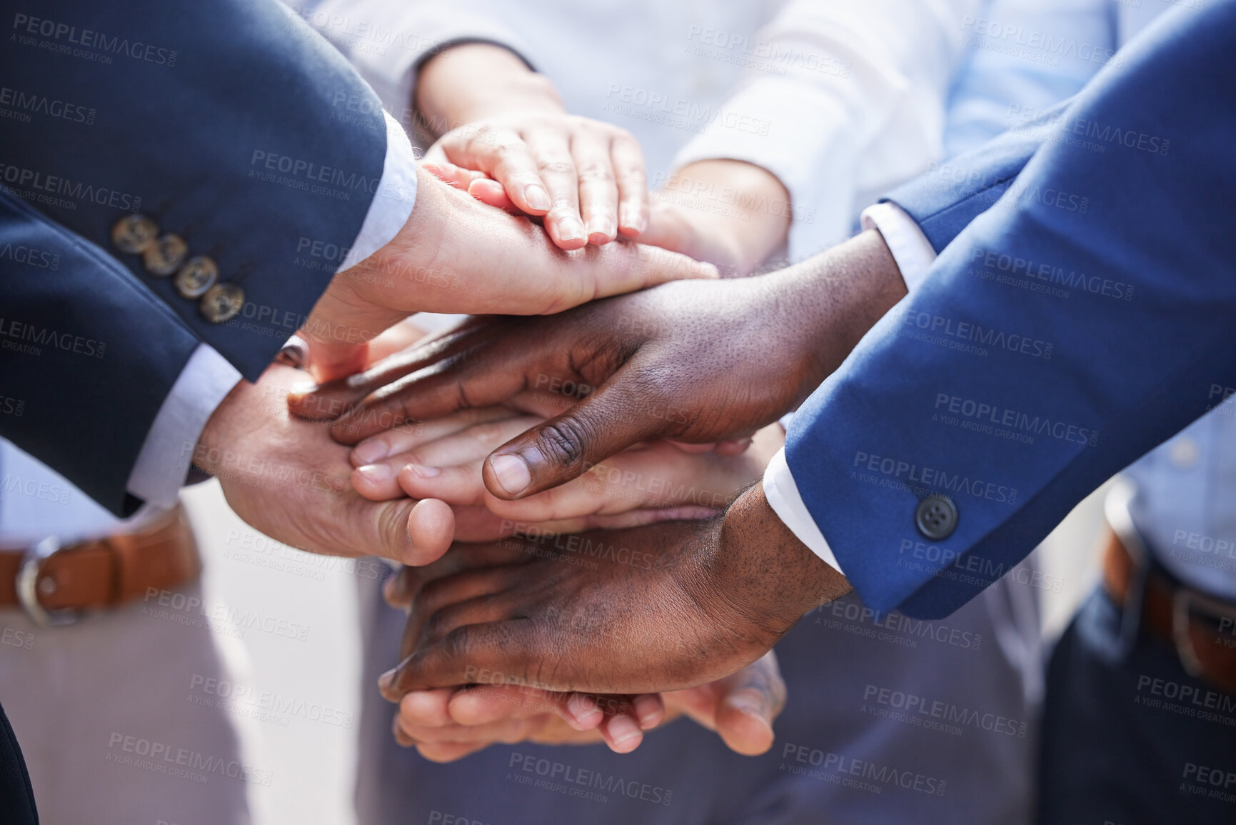 Buy stock photo Stack, team building or hands of business people outside in collaboration for mission goals or support. Diversity, closeup or employees in meeting with goals, teamwork or motivation outdoors together