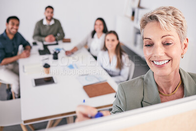 Buy stock photo Writing, whiteboard and woman, manager and business presentation for training, brainstorming or planning. Happy leader, presenter and people, team or group coaching, clients proposal or meeting ideas