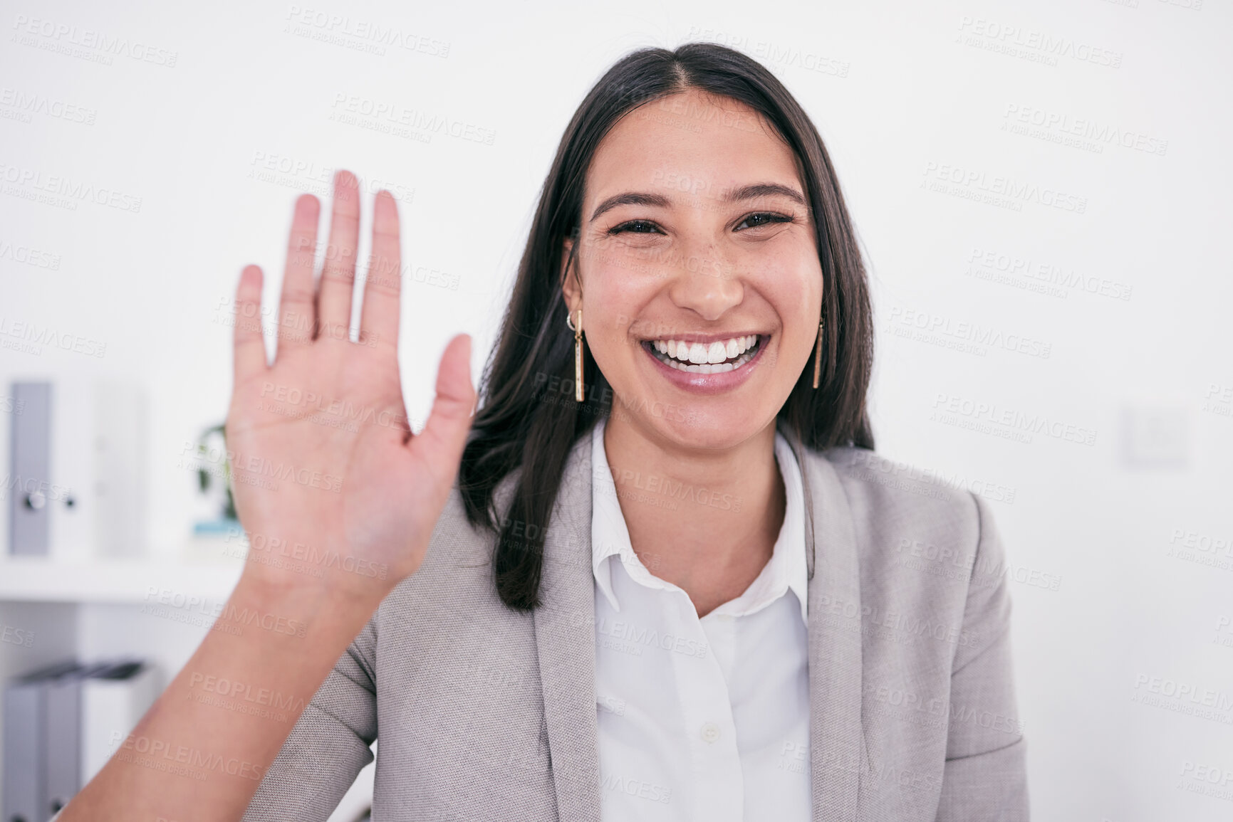 Buy stock photo Wave, webinar and portrait of business woman in office for video call, online meeting and conference. Internet, smile and virtual seminar with female employee for technology, welcome or communication