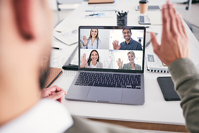 Buy stock photo Video call, laptop screen and people in business meeting, remote work and virtual communication for job planning. Professional person wave hello on computer webinar, online discussion and happy team