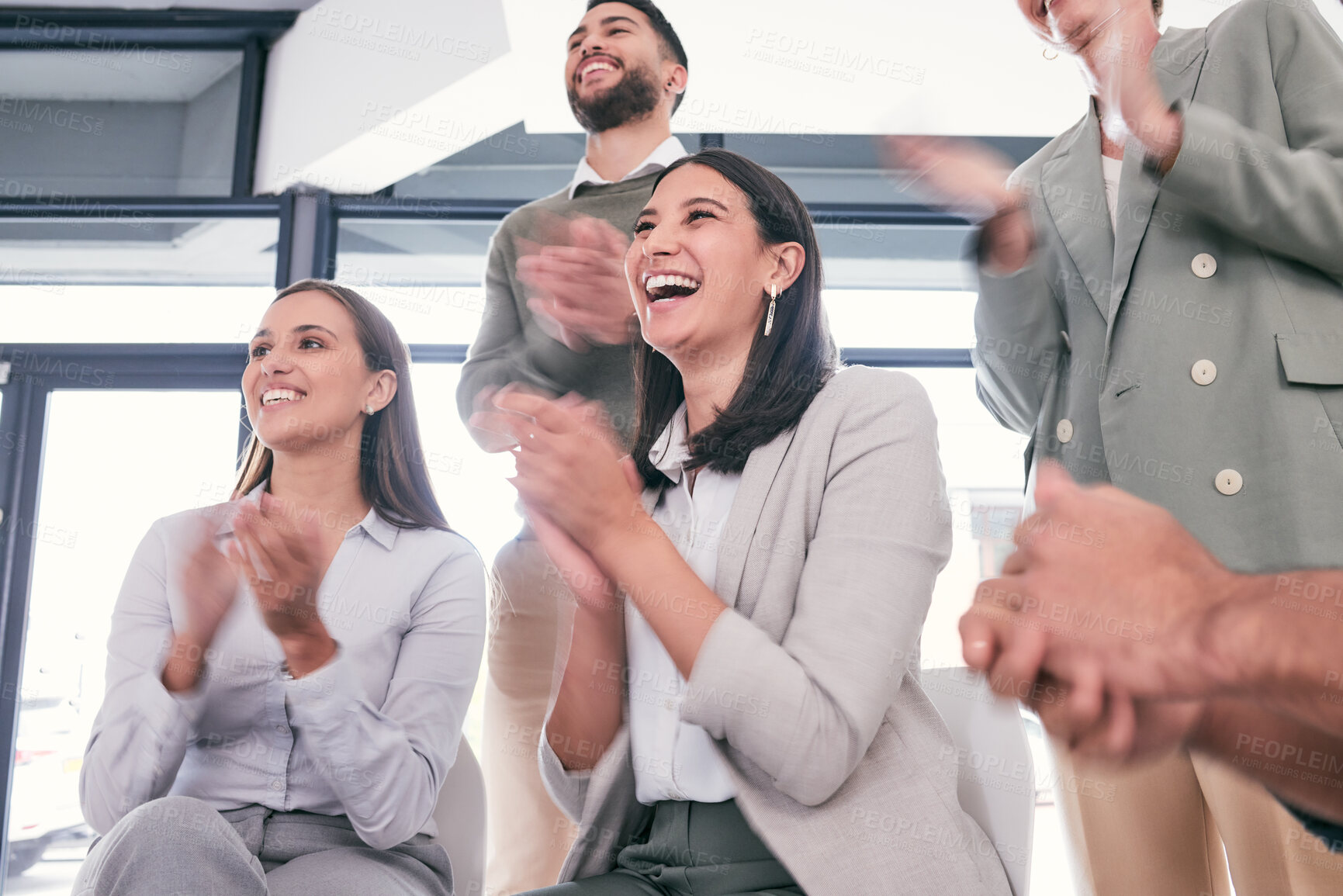 Buy stock photo Business people, teamwork and clapping in office for celebration, creative meeting or deal success. Happy, colleagues or corporate crowd together in workplace for group applause or company event