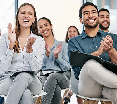 Buy stock photo Audience, applause and staff with celebration, corporate training and teamwork with development, smile and excited. Coworkers, business people and group clapping, support and workshop for motivation