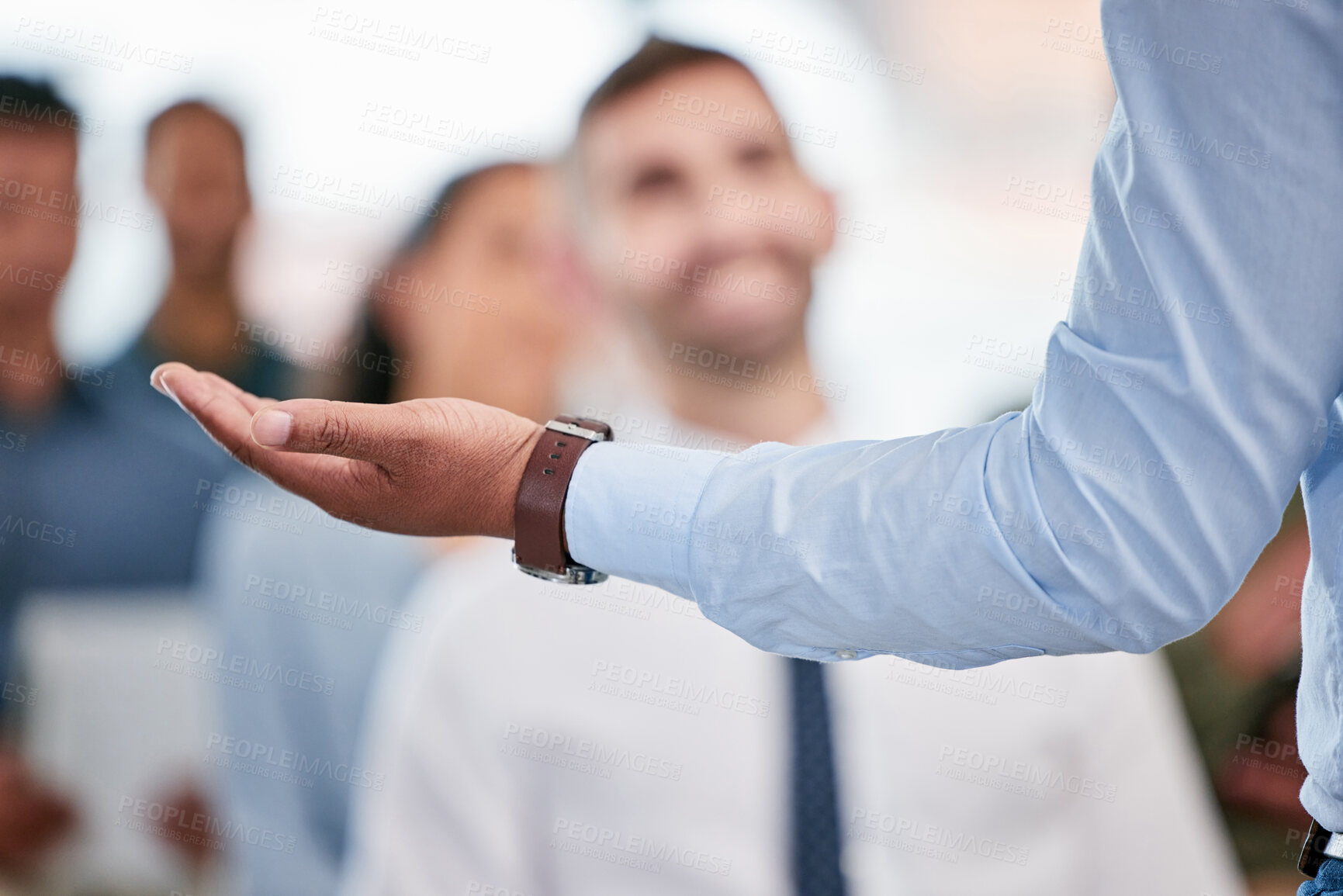 Buy stock photo Presentation, hand and business leader coaching for discussion, planning and brainstorming ideas at conference meeting. Person, closeup and speaker with gesture in workshop and sales manager talking