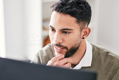 Buy stock photo Thinking, solution and business man on computer for IT planning, software design and reading code or tech decision. Idea, review and programmer or information technology of young person on desktop pc