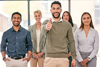 Buy stock photo Portrait, thumbs up and people with manager success, business teamwork and thank you sign or emoji. Group, leadership and winner, happy man or employees like, yes and okay or thanks and winning hand