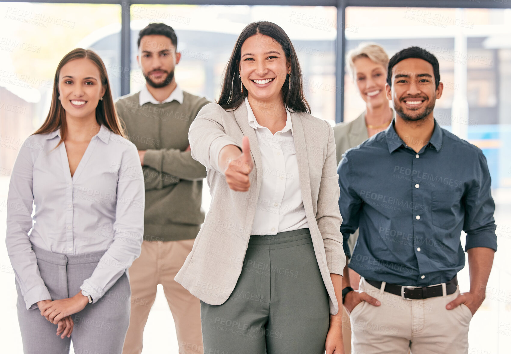 Buy stock photo Smile, thumbs up and portrait of business people for collaboration in office for team building. Happy, approval and group of professional creative designers with support hand gesture in workplace