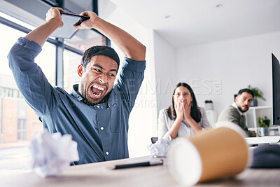 Buy stock photo Angry, hitting and business man in office for anger management problem, mental health and frustrated. Shout, technology and burnout or stress of professional person with employees fear and shocked 