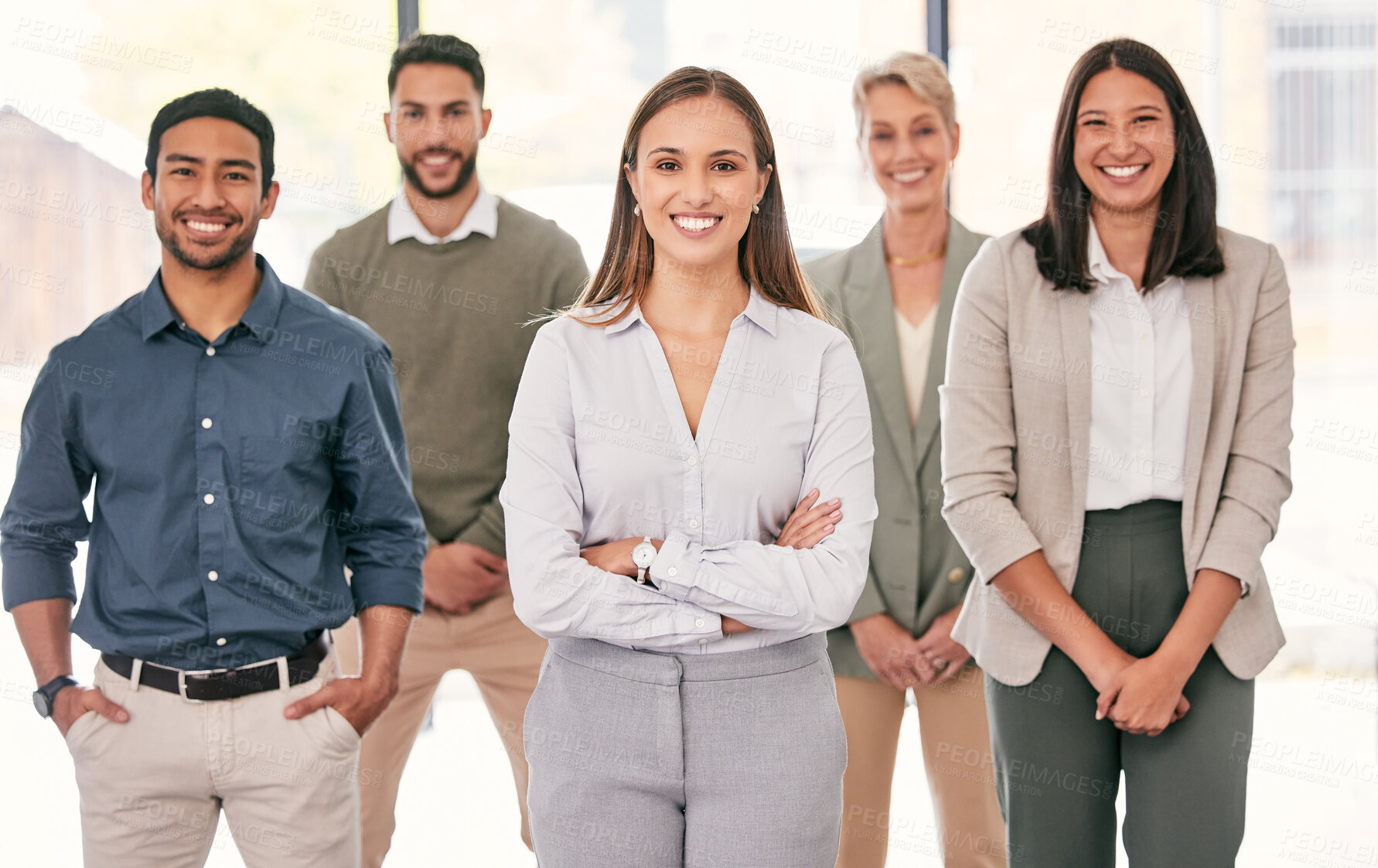 Buy stock photo Business people, corporate and team in office with portrait, professional and happy for reputation improvement. Men, women and together with diversity, sale representative, group and job confidence.