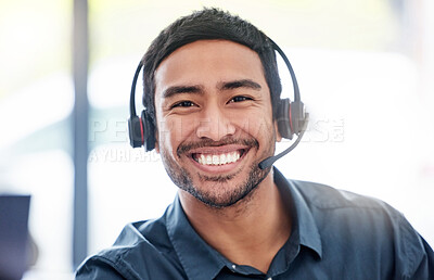 Buy stock photo Portrait, man and happy call center worker with headset, smile and professional mindset for customer service, support or help. Face, person and working in telemarketing, crm or online consulting