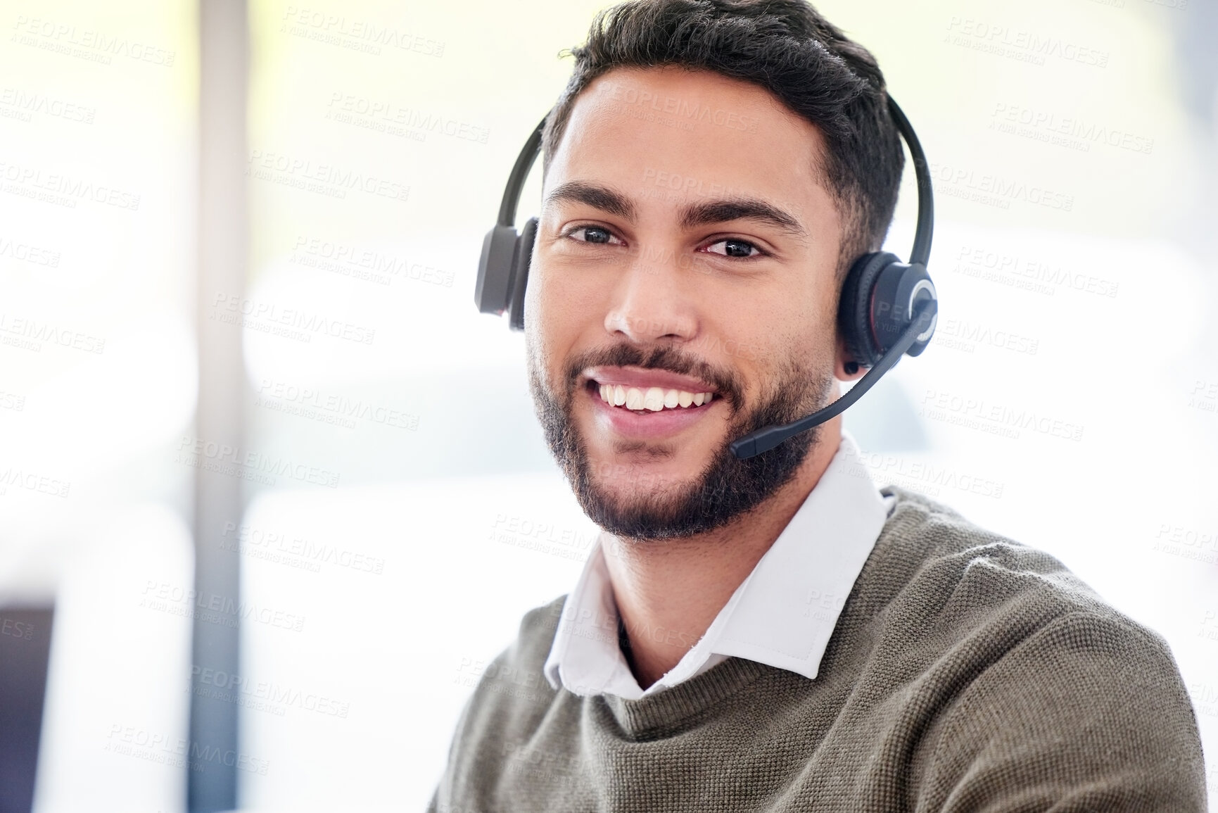 Buy stock photo Man, portrait and happy call center worker with headset, smile and professional mindset for customer service, support or help. Face, person and working in telemarketing, crm or online consulting