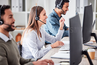 Buy stock photo Call center, woman and working in team office with headset, computer and online customer support, service or help. Businesswoman, smile and contact us, crm and telemarketing employee talking 