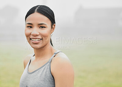 Buy stock photo Cropped portrait of an attractive young female athlete exercising outside
