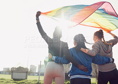 Buy stock photo Fitness, rainbow flag and female athletes outdoor for pride, health and wellness achievement. Sports, love and women friends embracing while walking for political homosexual equality and lgbtq rights