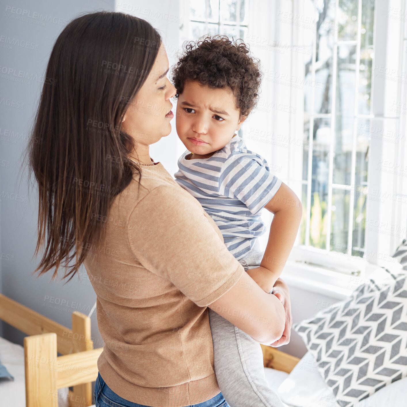 Buy stock photo Home, carry and mom with child for crying, comfort and bonding together in relationship with care. Family, mother and sad boy for tantrum with security, emotional support and hug of parent in house