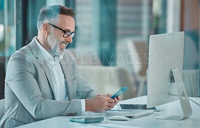 Buy stock photo Shot of a businessman using a cellphone at work in a office