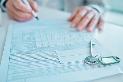 Buy stock photo Shot of an unrecognisable businessman filling in a form on a desk in an office