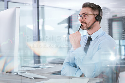 Buy stock photo Shot of a mature businessman wearing a headset while working on a computer in an office