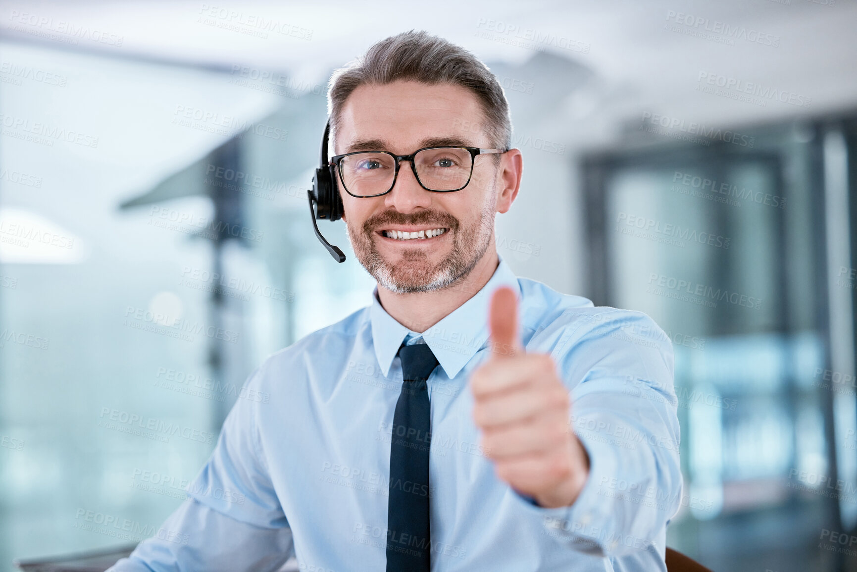 Buy stock photo Customer service, call center and portrait of man with thumbs up for thank you, yes emoji and consulting. Corporate, telemarketing and person with headset for contact, crm support and communication