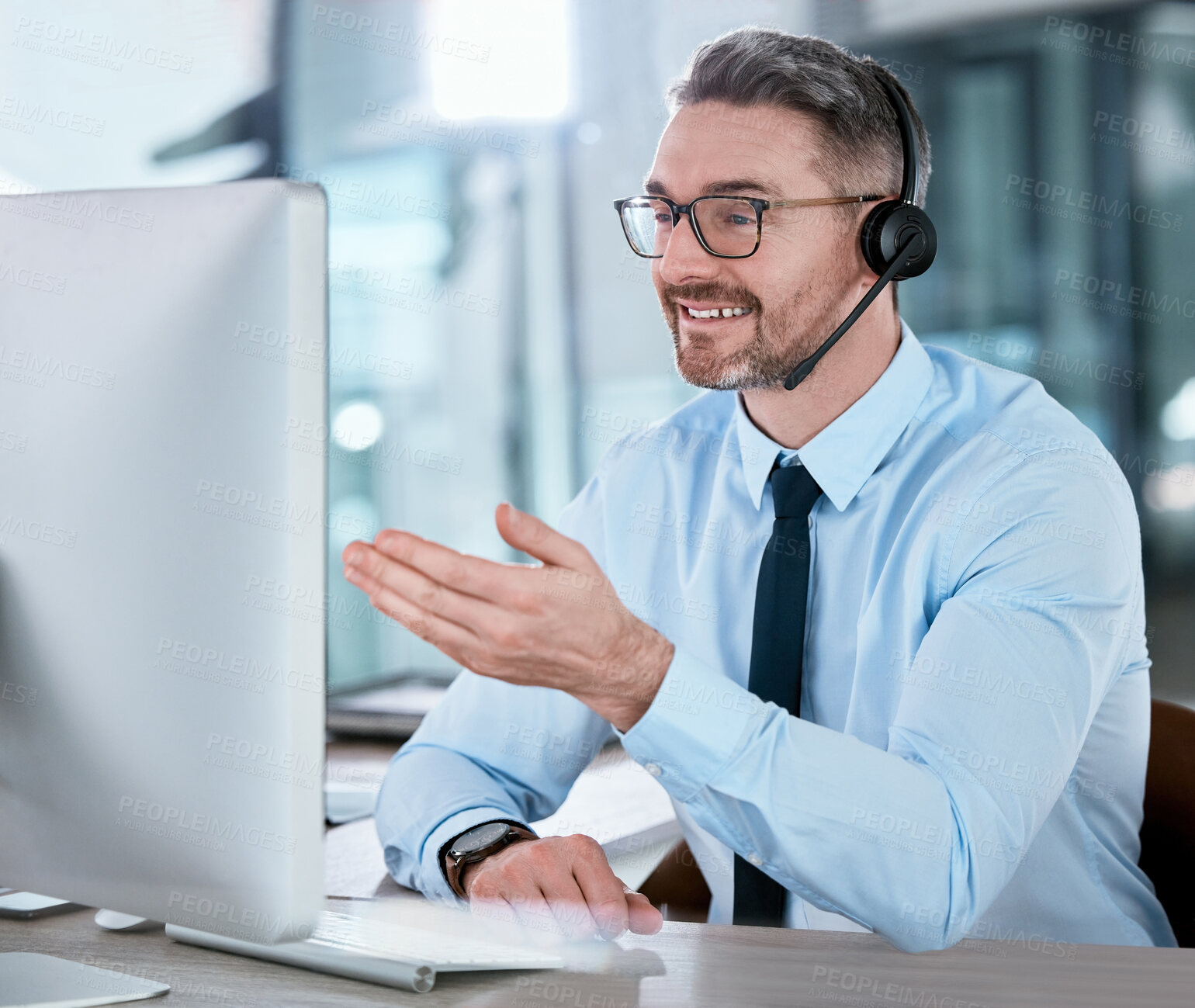 Buy stock photo Customer service, call center and man on computer for talking, online help and sales consulting. Corporate office, telemarketing and person with headset for contact, crm support and communication
