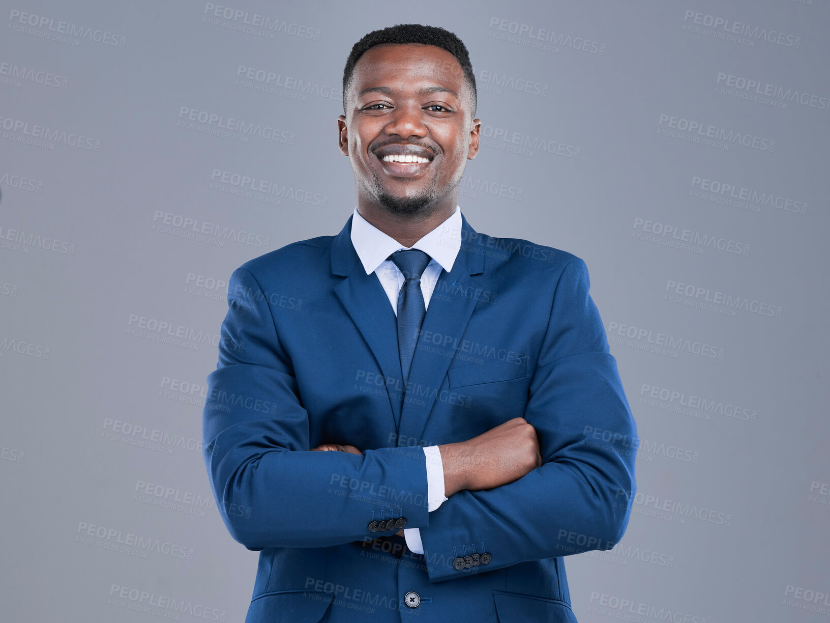 Buy stock photo Business, portrait and black man with arms crossed in studio for confidence, company growth or career pride on gray background. Smile, corporate and lawyer for consulting, professional or justice