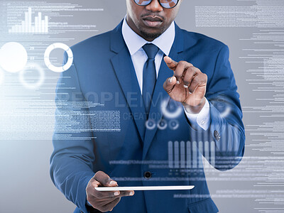 Buy stock photo Cropped shot of an unrecognizable businessman using his tablet to open a virtual interface in studio against a grey background