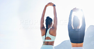 Buy stock photo Stretching, space and friends with women at beach for running, yoga and workout. Relax, health and wellness with female runner and warm up in nature for training, teamwork and performance on mockup