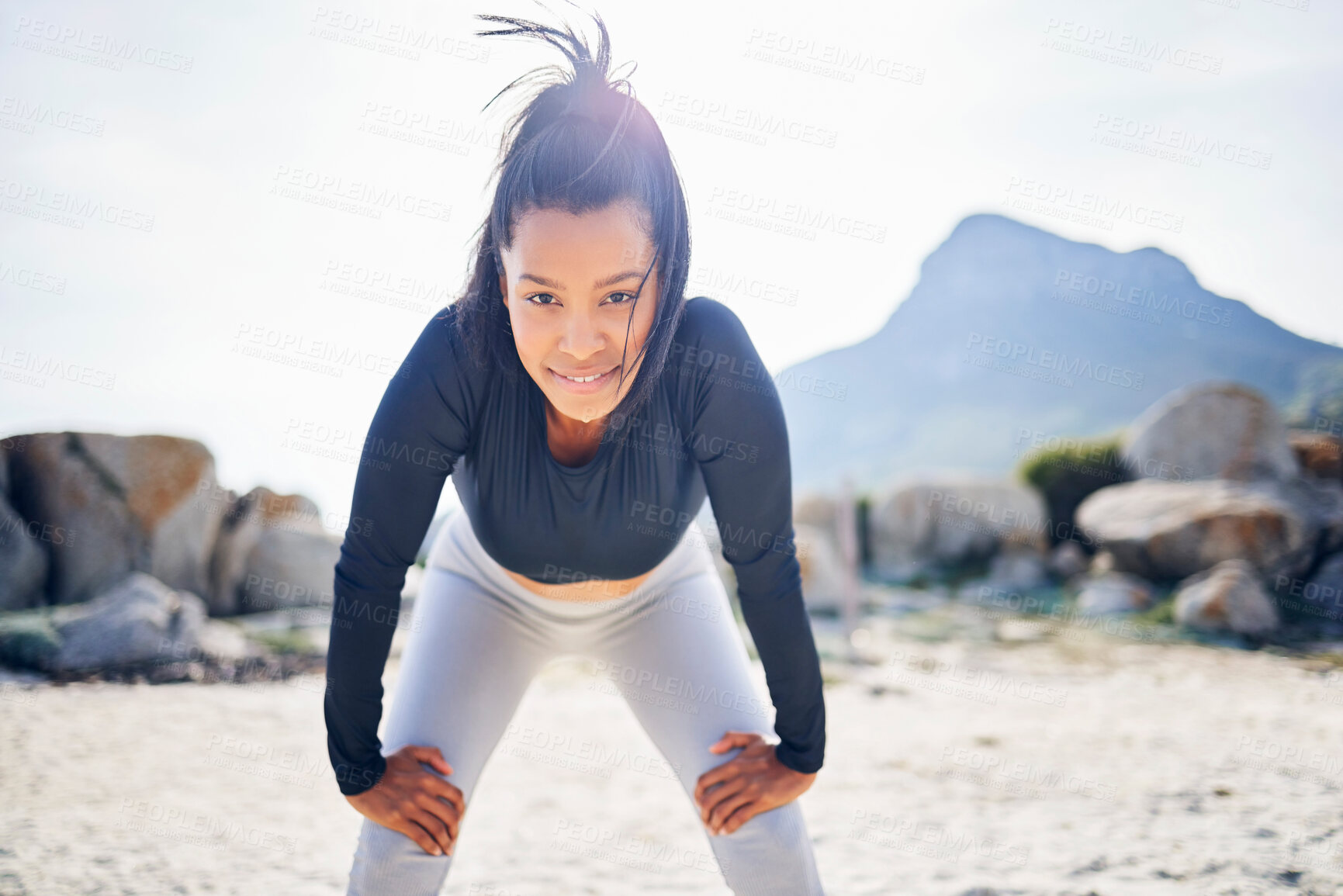 Buy stock photo Woman, portrait and exercise break at beach with training for marathon, tired runner and body wellness. Female athlete, rest and fatigue from cardio workout for health, challenge and running by ocean